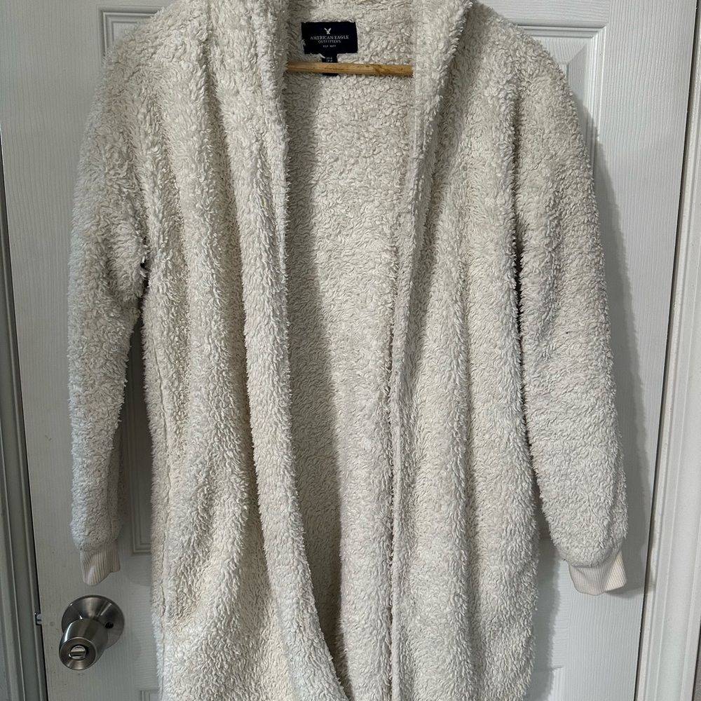 American Eagle Outfitters White Teddy Jacket Plush Open Front